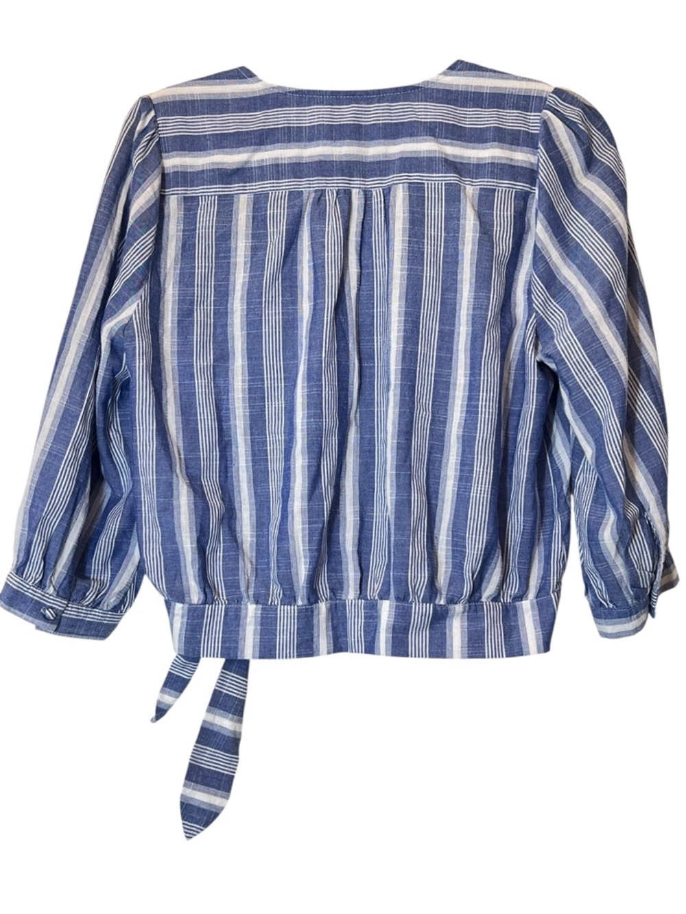 Everly Women's Striped V-Neck  Wrap Blouse Size M Blue White  Preppy Coastal - Picture 2 of 11